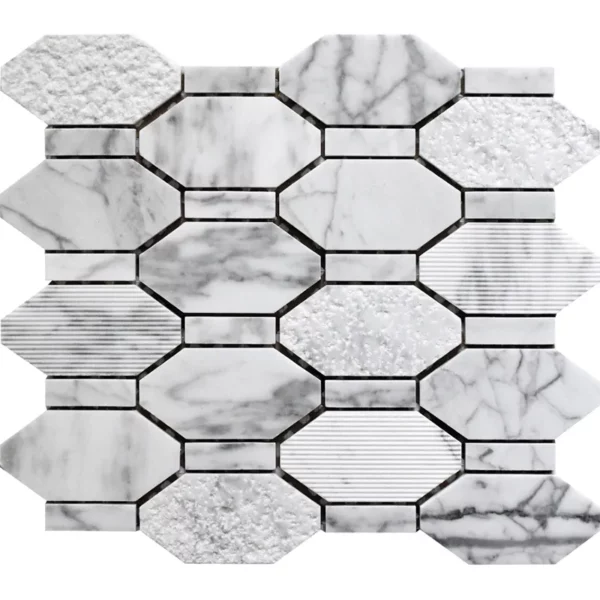 Pacific Rim Carrara 2X4+0.6X2 Polished, Etched Marble Mosaic 3