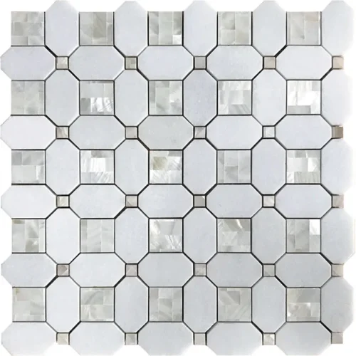 Alaskan Pearl 1.2X1.2+1.2X2+0.4X0.4 Polished Thassos, Shell Mosaic 0