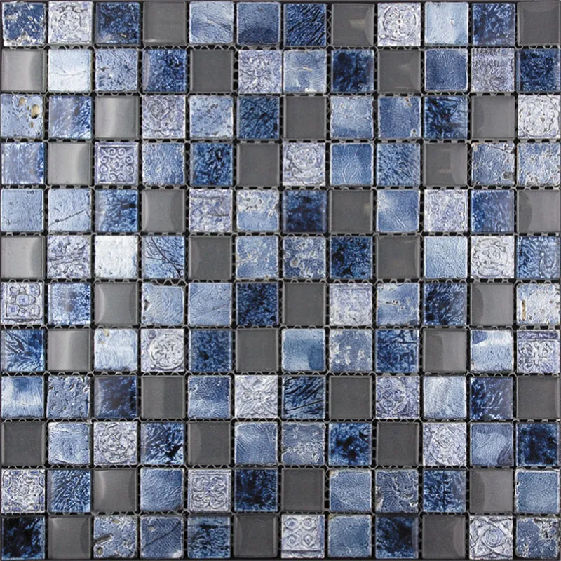 Steel Blue 0.9X0.9 Glossy, Foiled Glass, Resin, Stone Mosaic 0