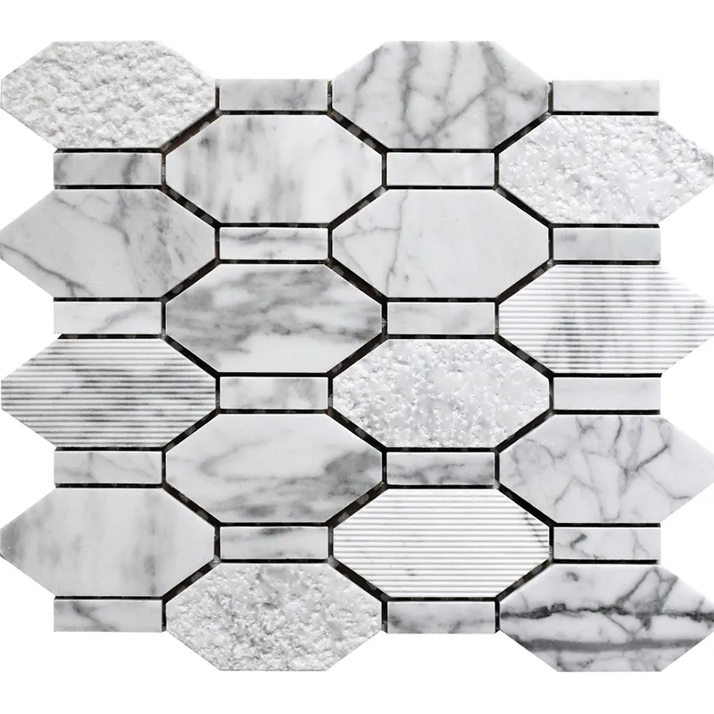 Pacific Rim Carrara 2X4+0.6X2 Polished, Etched Marble Mosaic 0