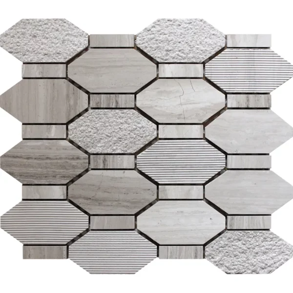 Pacific Rim Wooden Grey 2X4+0.6X2 Polished, Etched Marble Mosaic 1