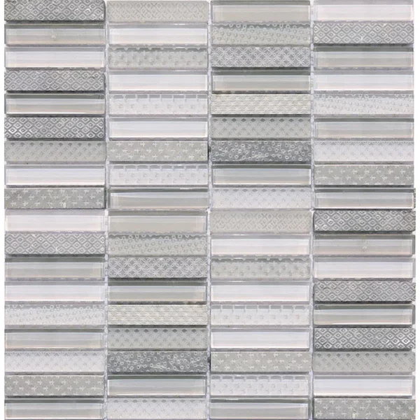 Purity 2 0.6X2.9 Textured, Glossy Glass, Silver Grey Limestone Mosaic 1