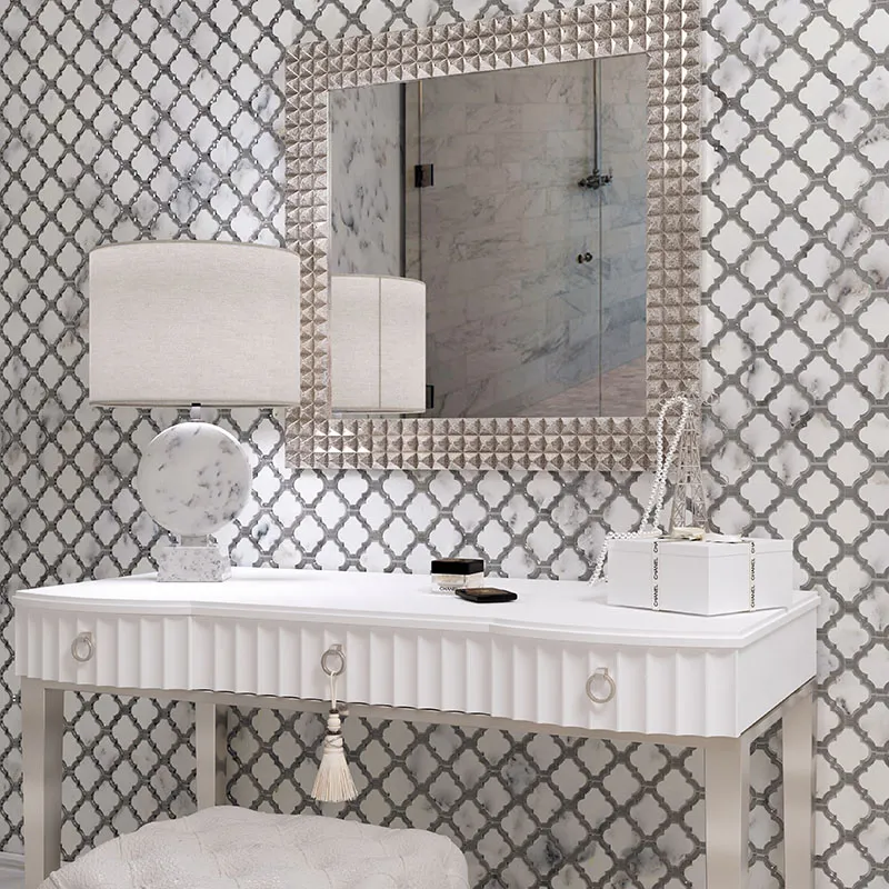 Trellis 5 3.7X3.7 Polished Bianco Carrara Polished, Murano Silver Glass Mosaic 1